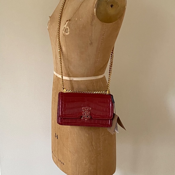 Burberry Dark Carmine Red Croc Embossed TB Chain Strap Crossbody Bag - Picture 5 of 15